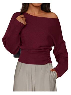 Off Shoulder Ribbed Knit Pullover Sweater Long Sleeve Fall Winter